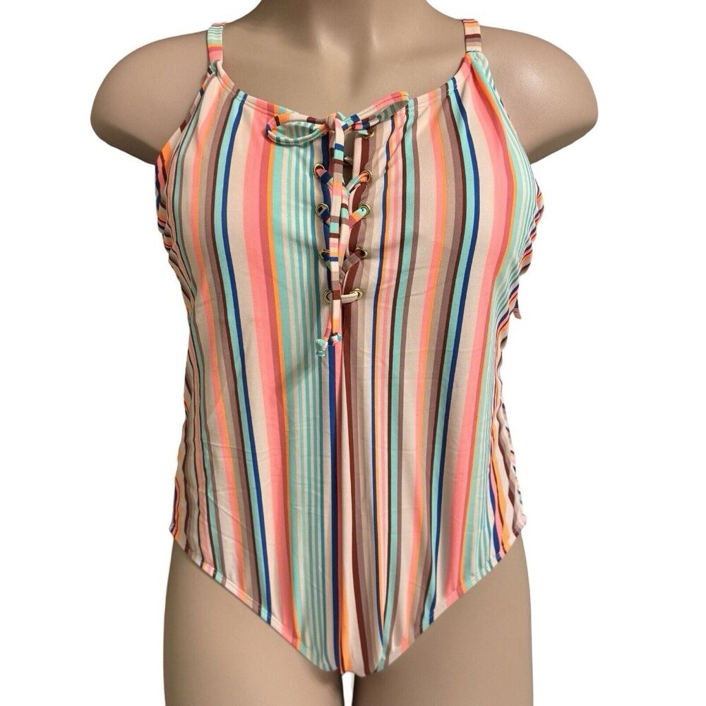 NO‎ BOUNDARIES Sorbet Stripe One-Piece Swimsuit Juniors Plus-Size 3X (23-25) NEW